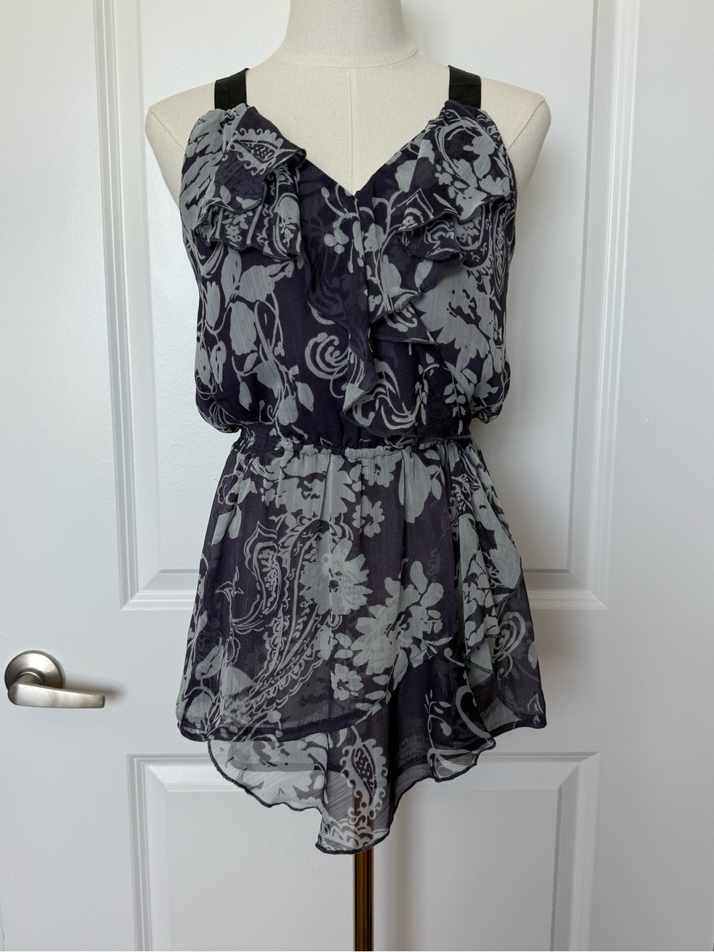 Lapis Y2K Floral Chiffon Ruffle Halter Blouse Top Black & Grey Size M